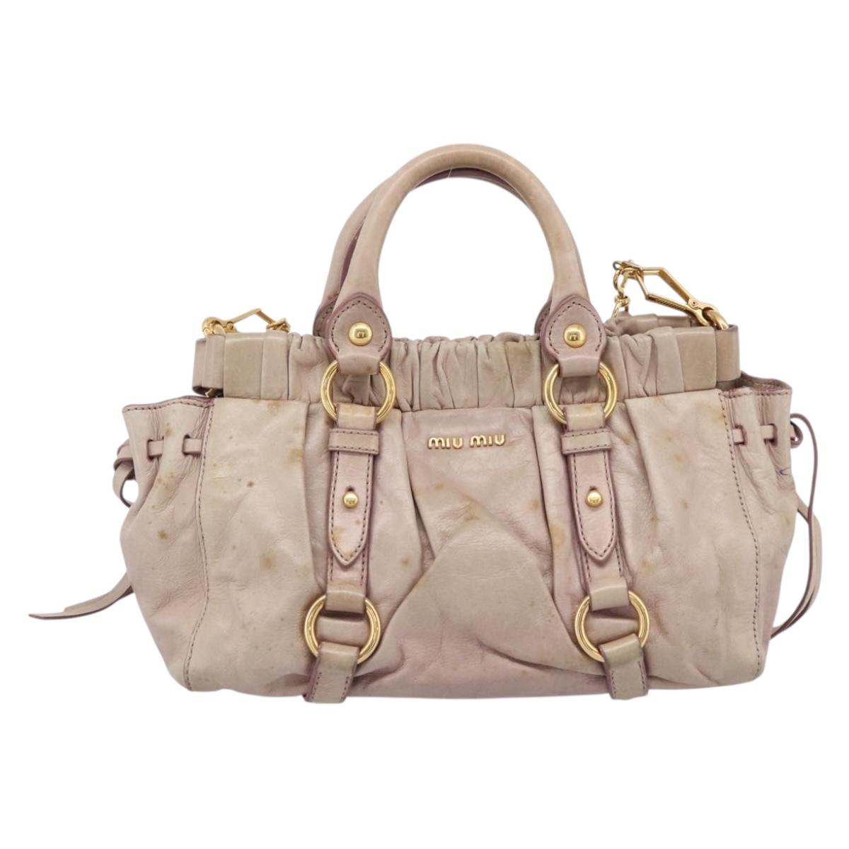 Miu Miu Vitellolux Hand Bag Leather 2way Beige Gold Tone Auth 200811