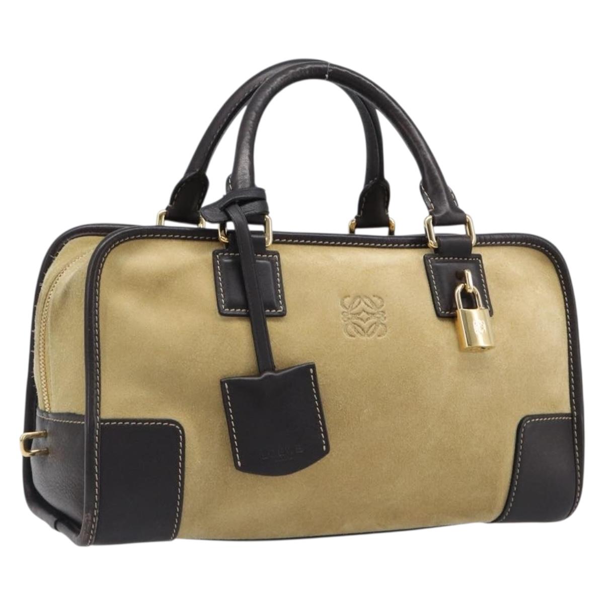 LOEWE Americana 28 Hand Bag Suede Beige Gold Tone Auth 200812V