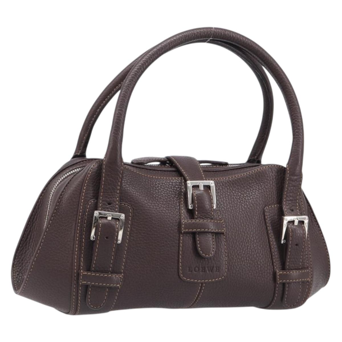 LOEWE Sender Hand Bag Leather Brown Silver Auth 200818V