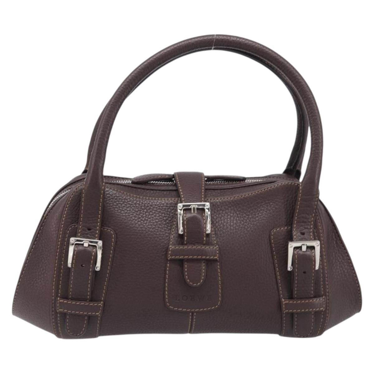 LOEWE Sender Hand Bag Leather Brown Silver Auth 200818V