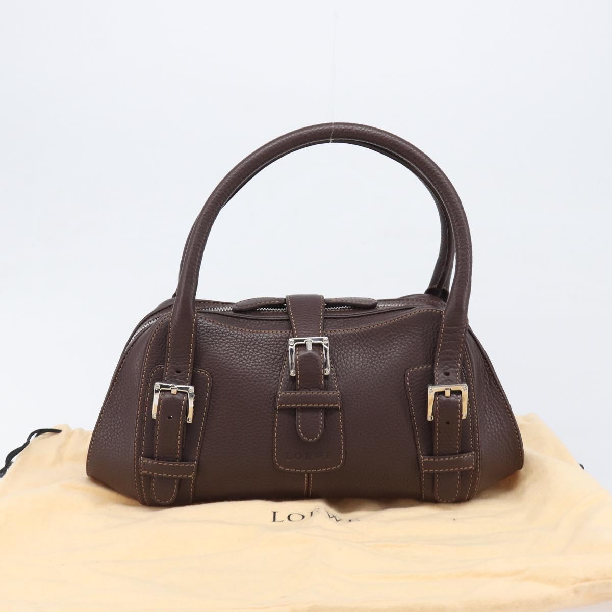 LOEWE Sender Hand Bag Leather Brown Silver Auth 200818V