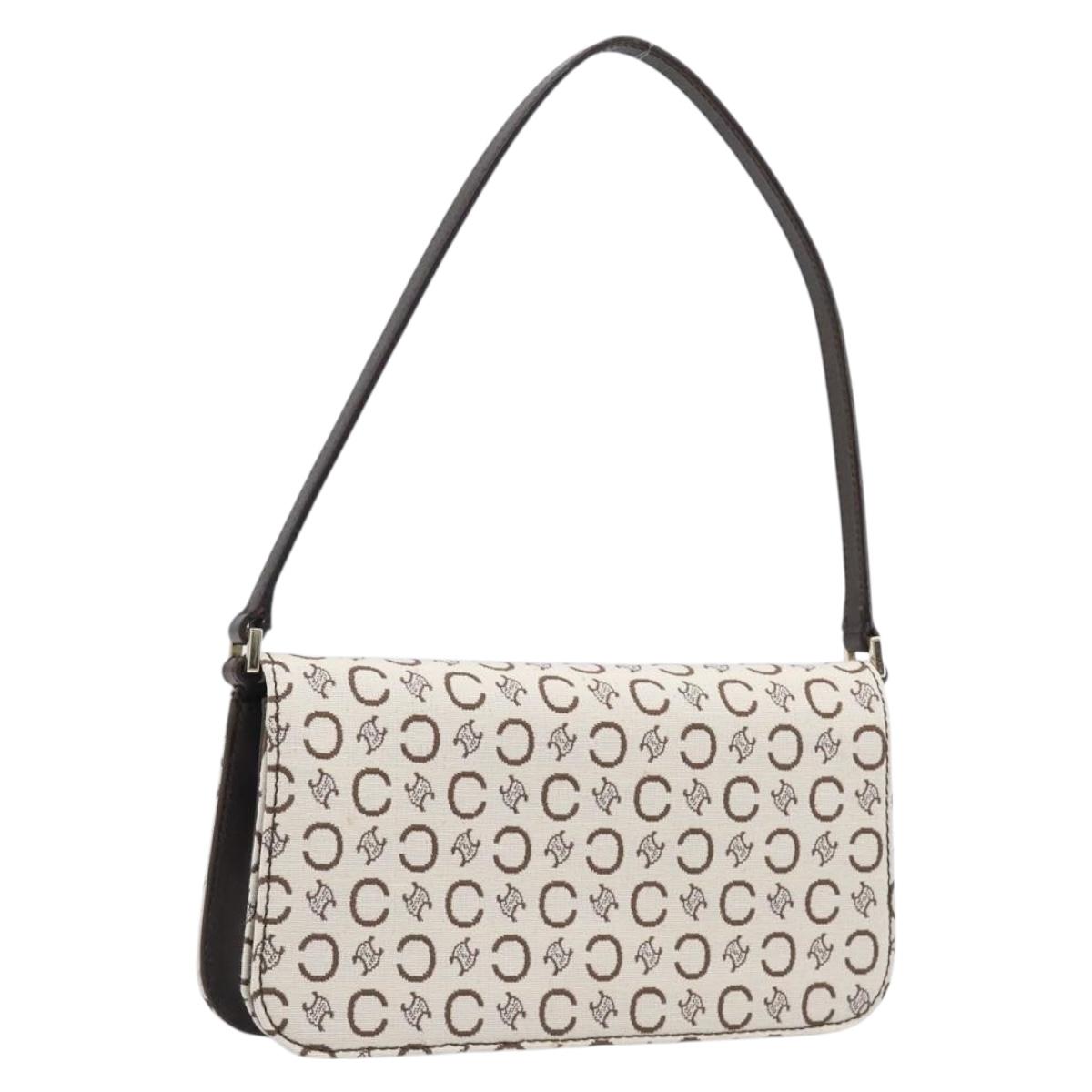 CELINE C Macadam Shoulder Bag Canvas White Gold Tone Auth 200822V