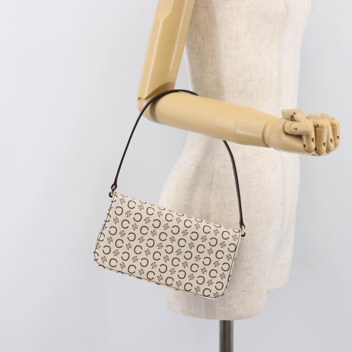 CELINE C Macadam Shoulder Bag Canvas White Gold Tone Auth 200822V
