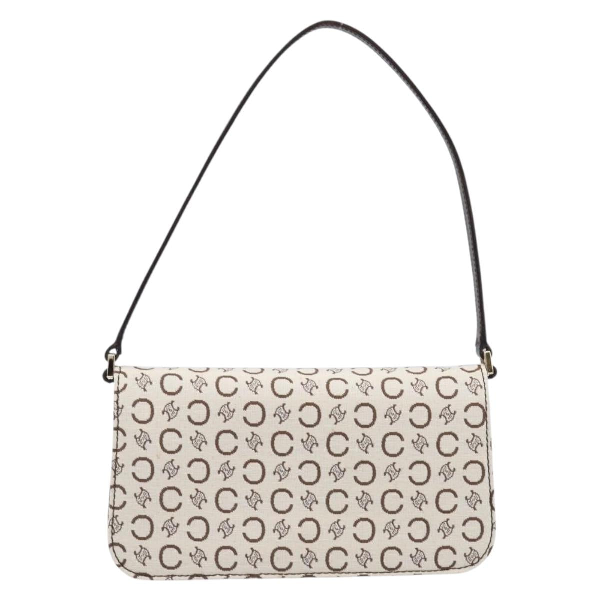 CELINE C Macadam Shoulder Bag Canvas White Gold Tone Auth 200822V