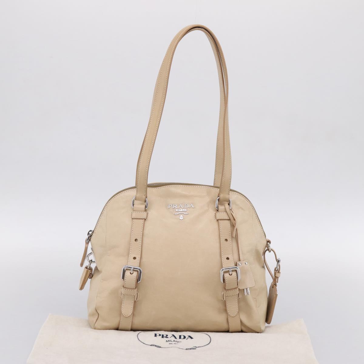 PRADA Shoulder Bag Leather Beige Silver Auth 200826V