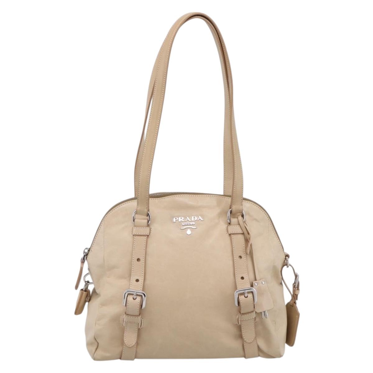 PRADA Shoulder Bag Leather Beige Silver Auth 200826V