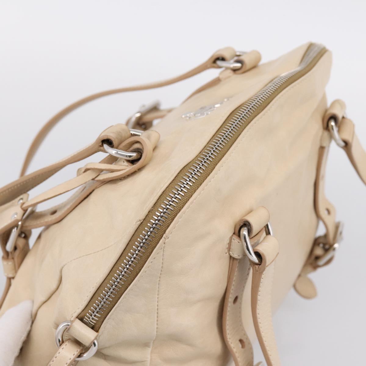 PRADA Shoulder Bag Leather Beige Silver Auth 200826V