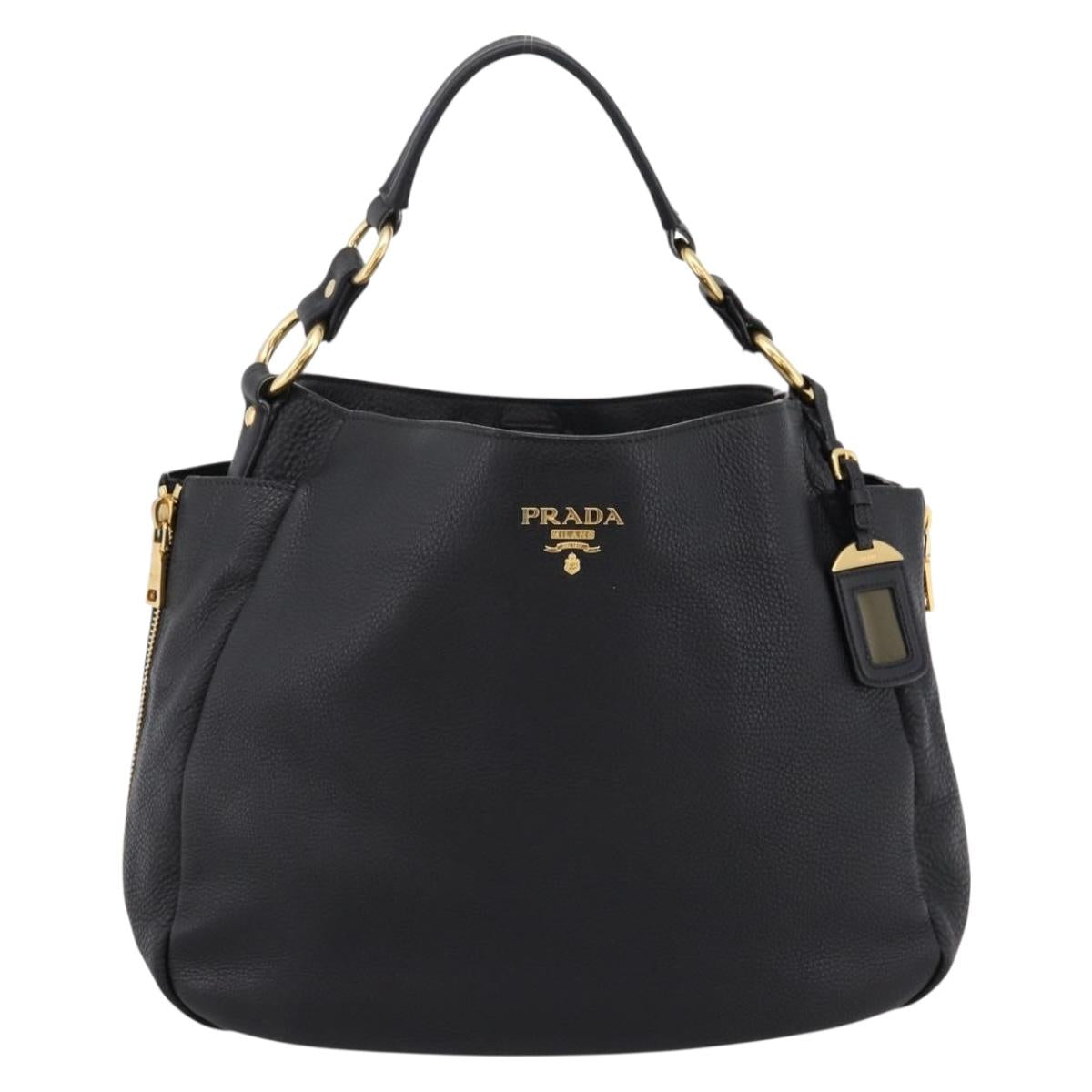 PRADA Vitterodino Hand Bag Leather Black Gold Tone Auth 200844V