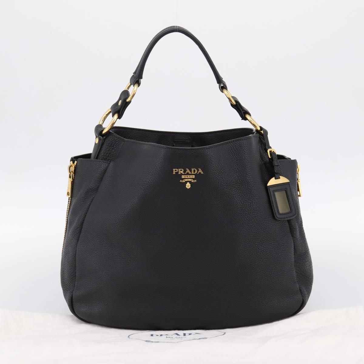 PRADA Vitterodino Hand Bag Leather Black Gold Tone Auth 200844V