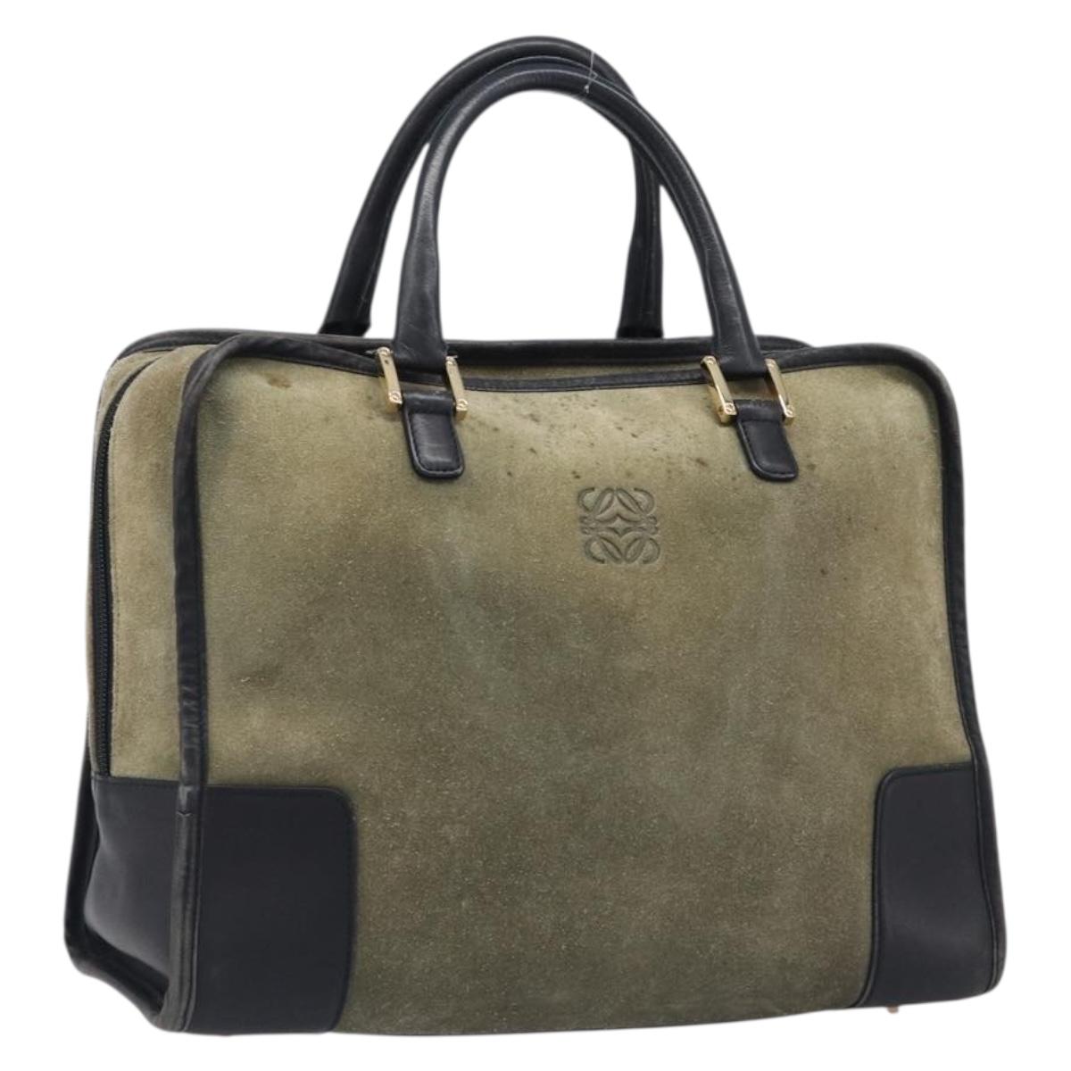 LOEWE Amazona 32 Hand Bag Suede Khaki Gold Tone Auth 200845