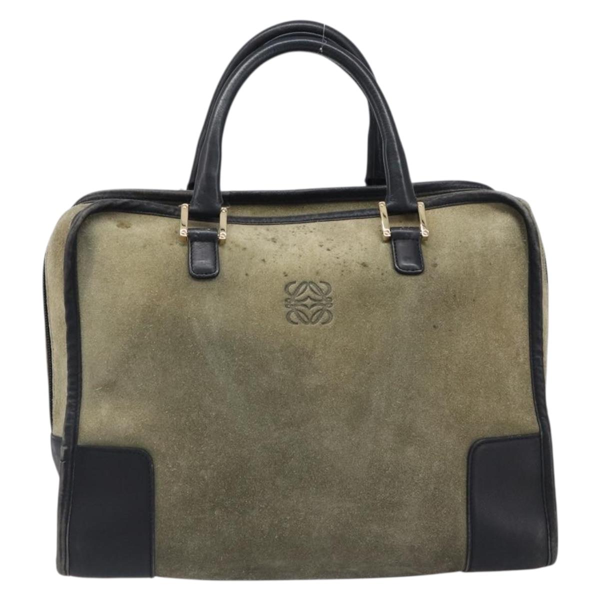 LOEWE Amazona 32 Hand Bag Suede Khaki Gold Tone Auth 200845