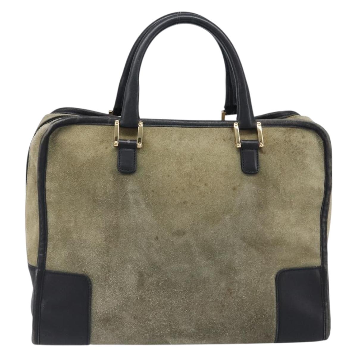 LOEWE Amazona 32 Hand Bag Suede Khaki Gold Tone Auth 200845