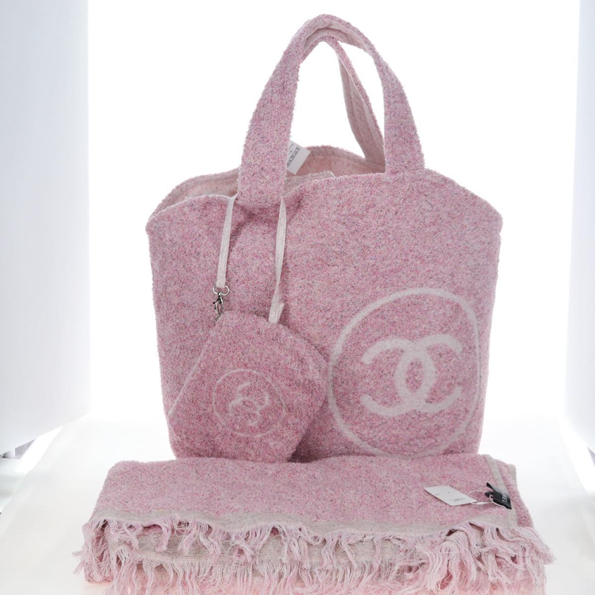 CHANEL Big Coco Beach Bag Towel Set Pile Pink CC Auth 200851SAM