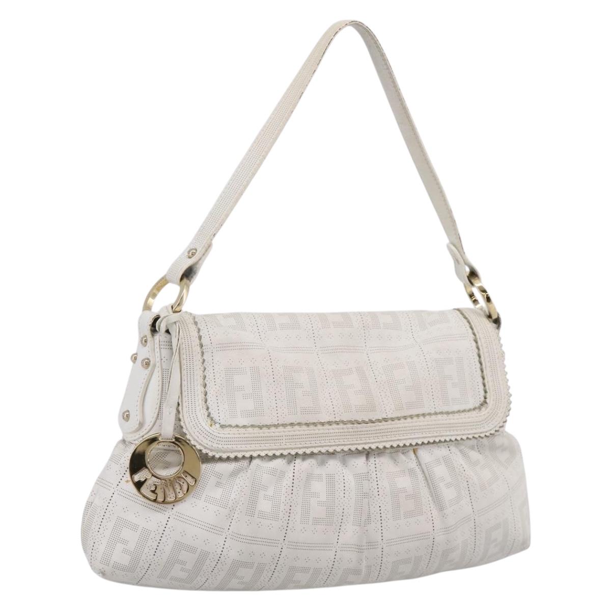 FENDI Zucca Canvas Mamma Baguette Shoulder Bag Leather Ivory Gold Auth 200892V