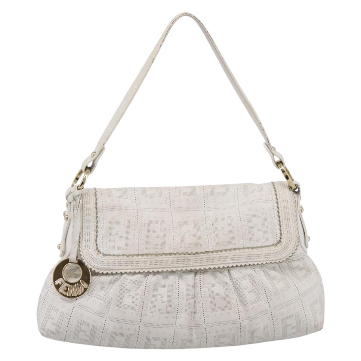 FENDI Zucca Canvas Mamma Baguette Shoulder Bag Leather Ivory Gold Auth 200892V