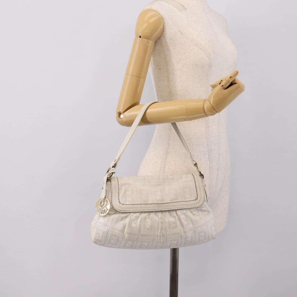 FENDI Zucca Canvas Mamma Baguette Shoulder Bag Leather Ivory Gold Auth 200892V