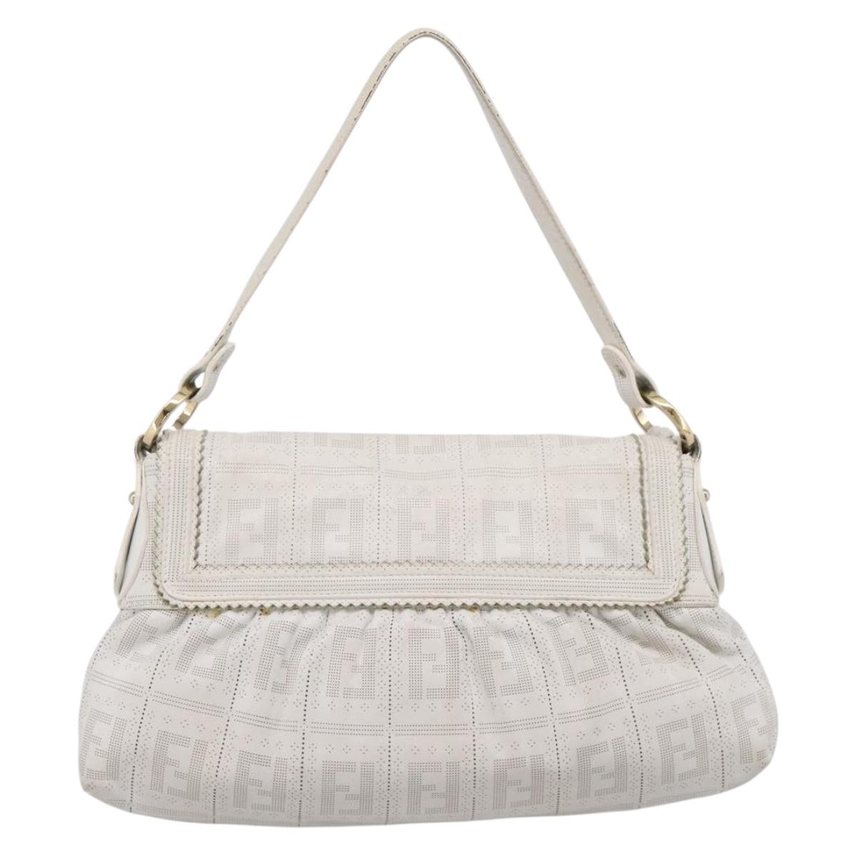 FENDI Zucca Canvas Mamma Baguette Shoulder Bag Leather Ivory Gold Auth 200892V