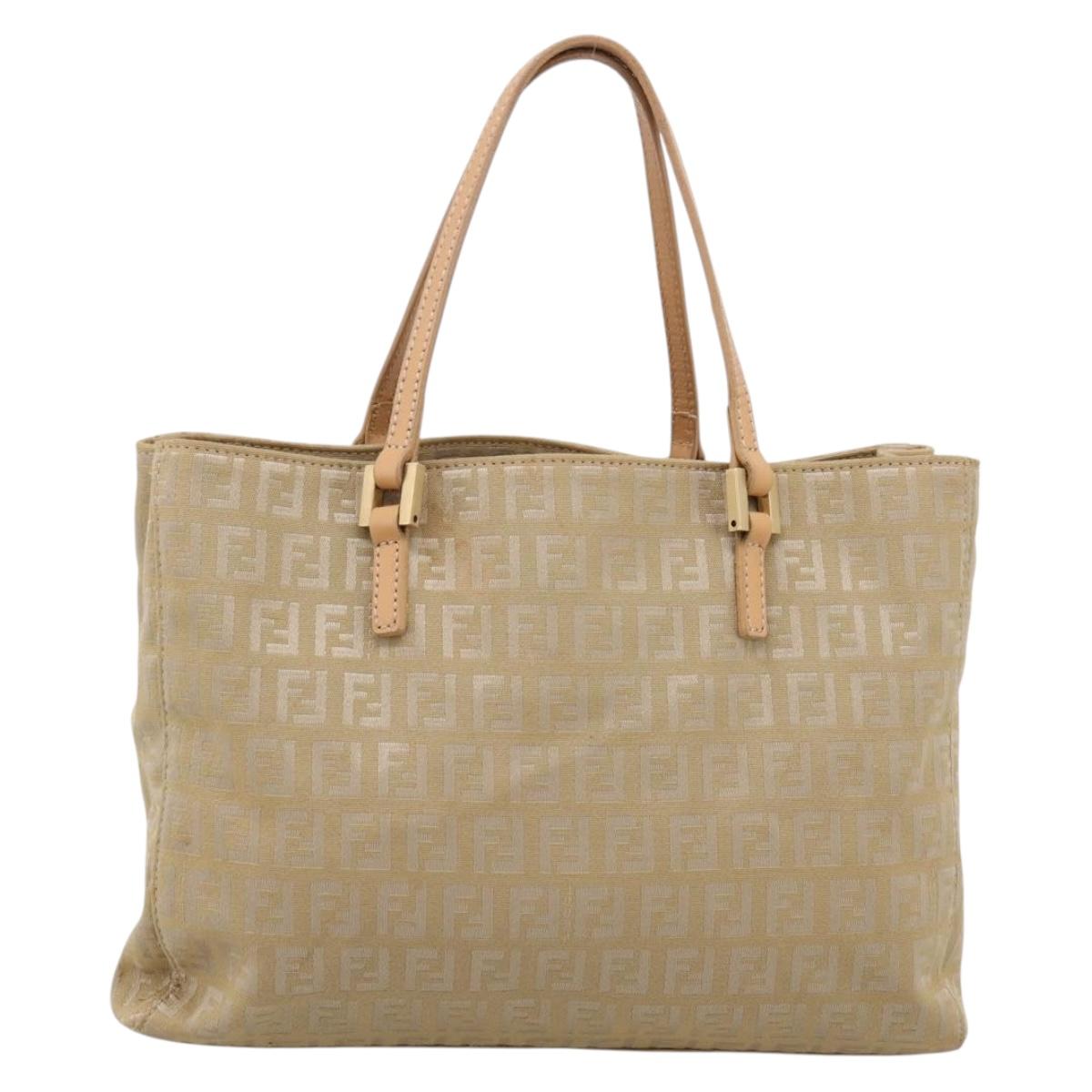 FENDI Zucchino Canvas Hand Bag Beige Gold Auth 200893V