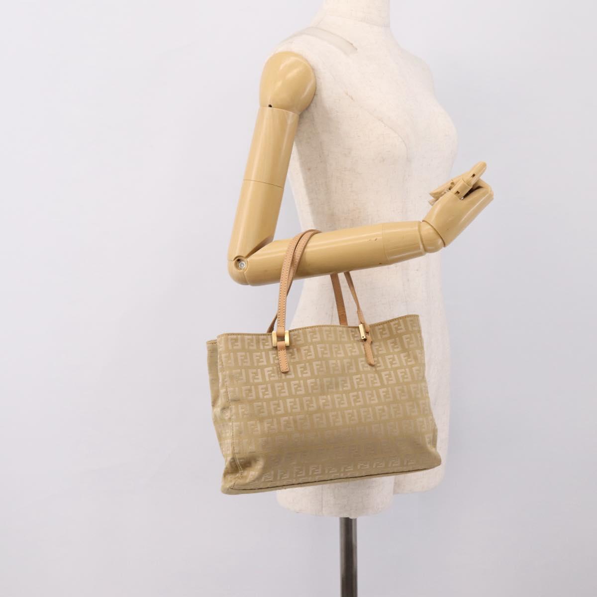 FENDI Zucchino Canvas Hand Bag Beige Gold Auth 200893V