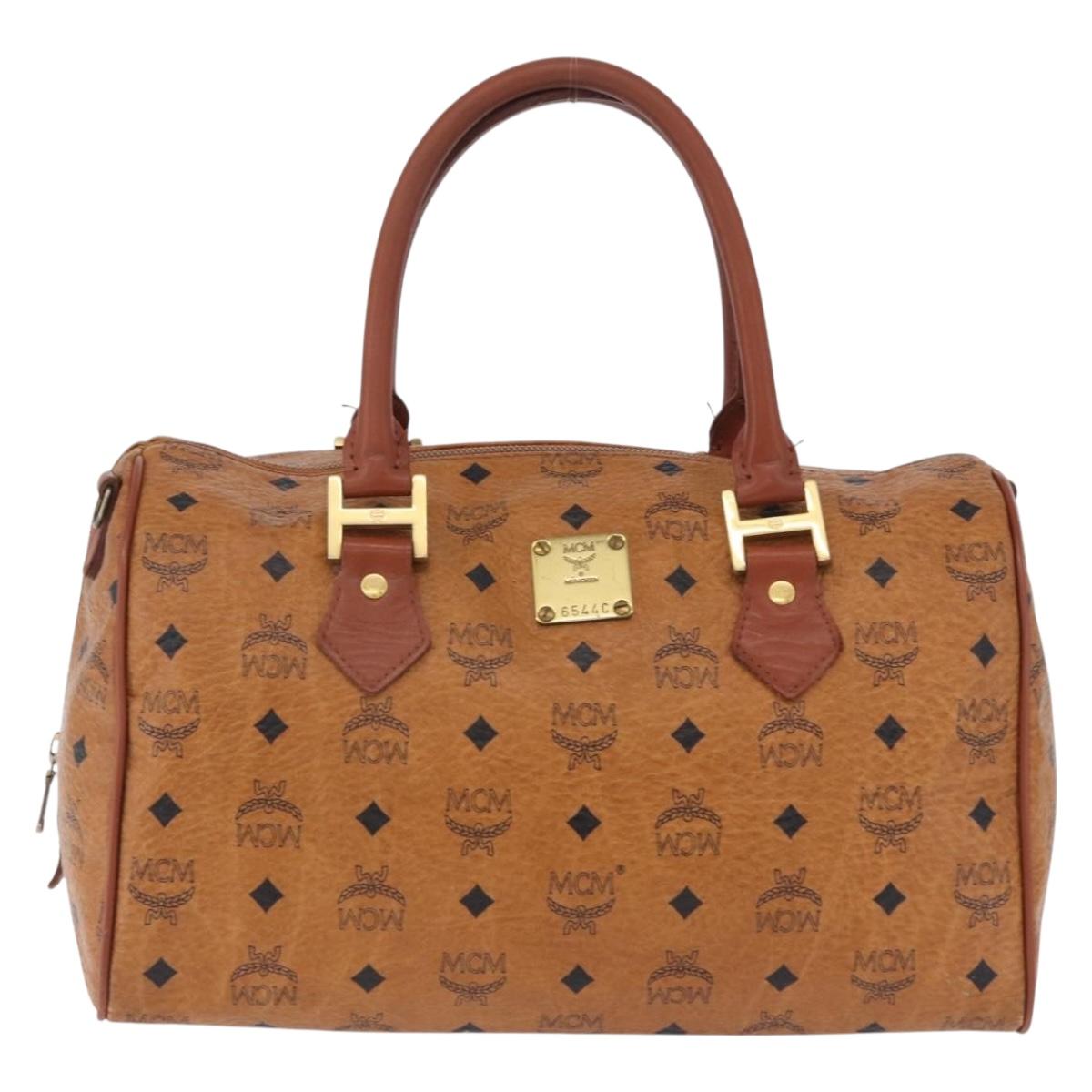 MCM Vicetos Logogram Boston Bag PVC Leather Brown Gold Auth 200899