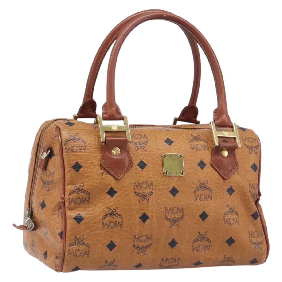 MCM Vicetos Logogram Boston Bag PVC Leather Brown Gold Auth 200900