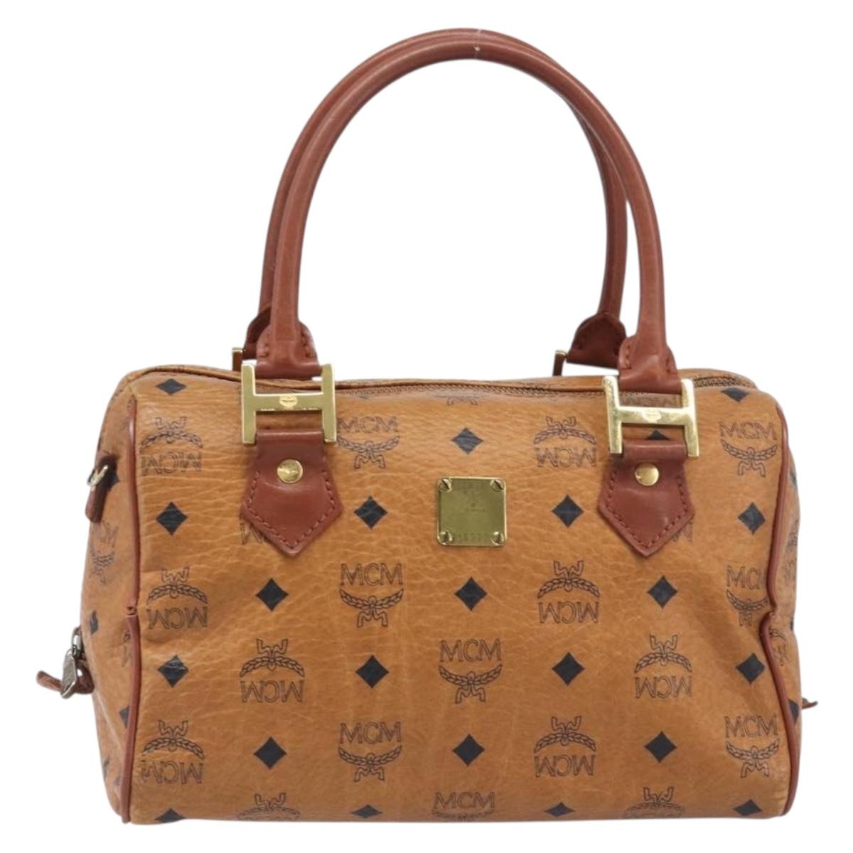 MCM Vicetos Logogram Boston Bag PVC Leather Brown Gold Auth 200900