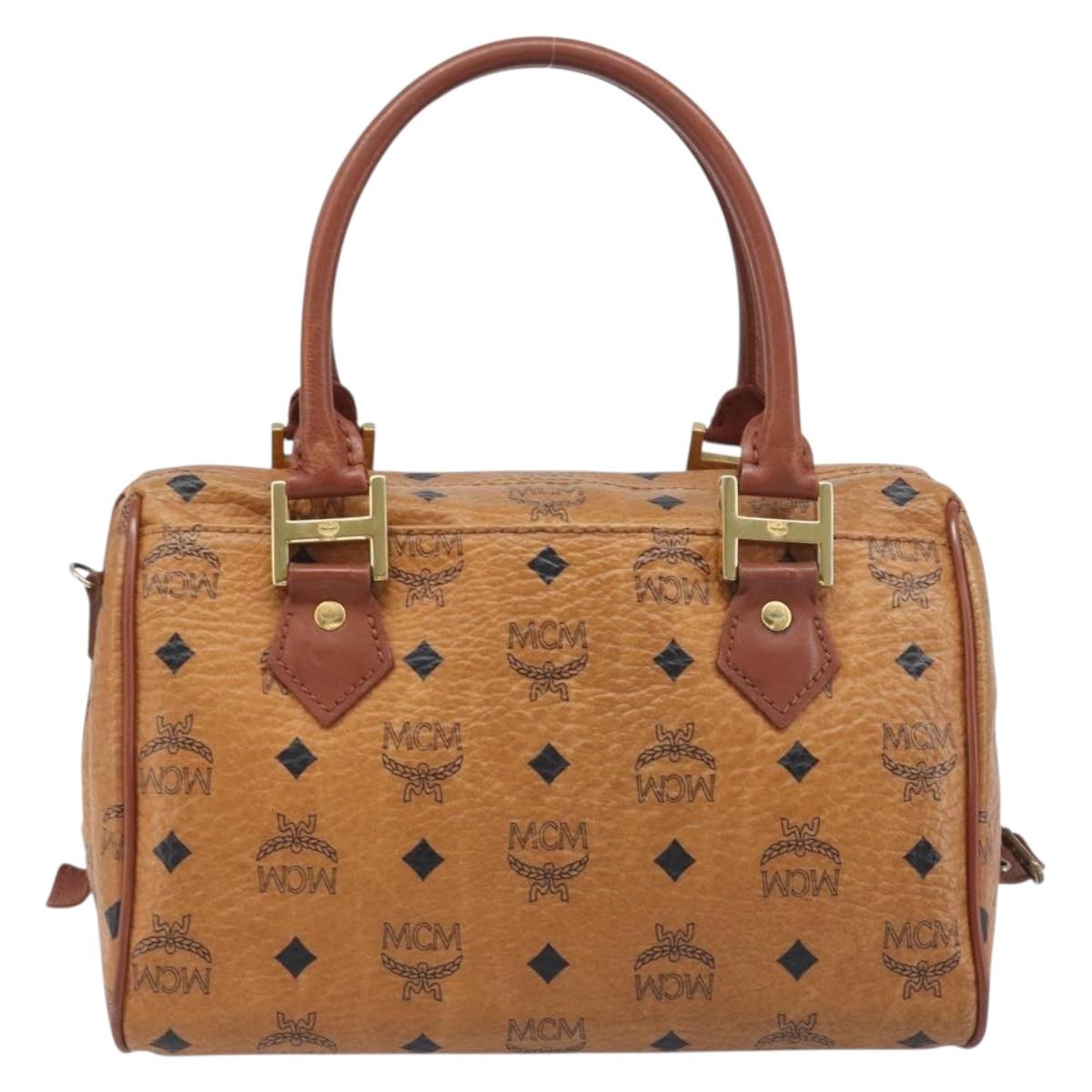 MCM Vicetos Logogram Boston Bag PVC Leather Brown Gold Auth 200900