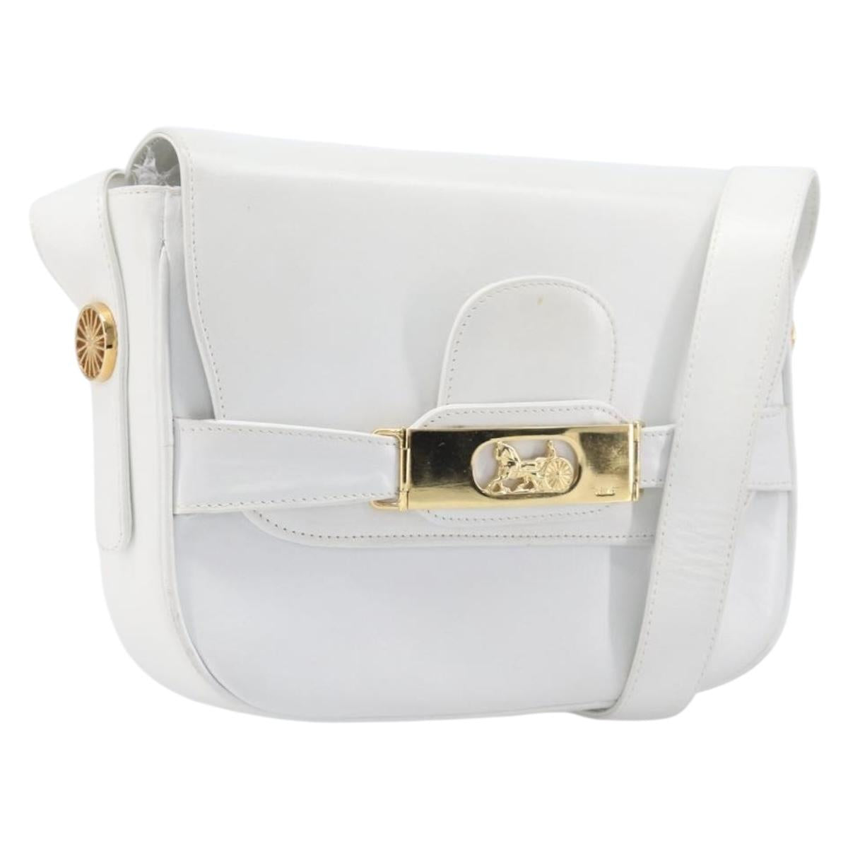 CELINE Horse Carriage Shoulder Bag Leather White Gold Auth 200903