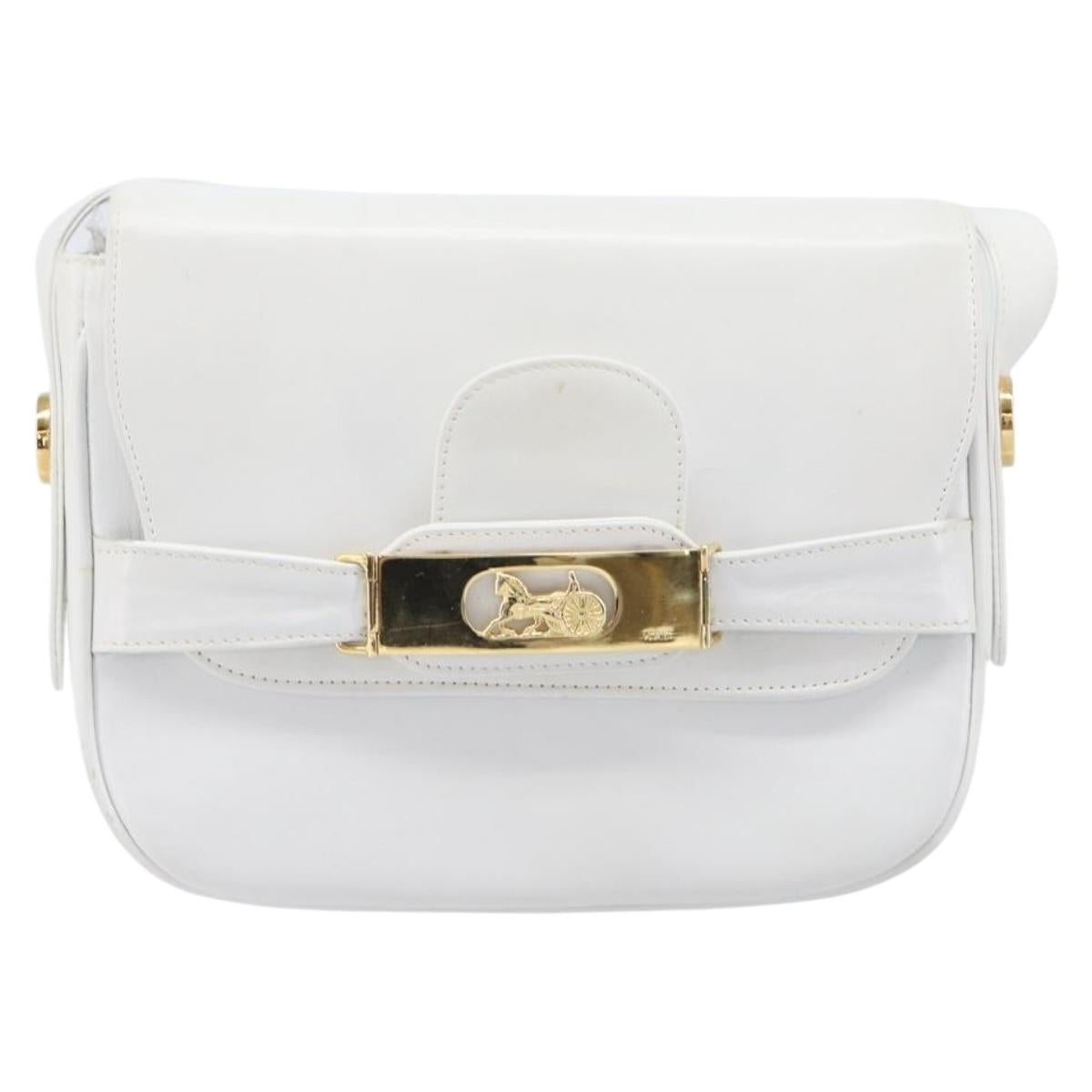 CELINE Horse Carriage Shoulder Bag Leather White Gold Auth 200903