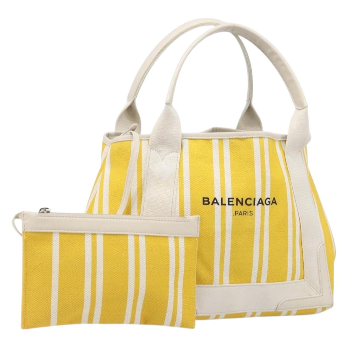 BALENCIAGA Navy Cabas S Hand Bag Canvas Yellow Silver Auth 200904A