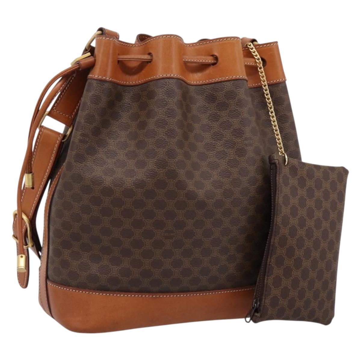 CELINE Macadam Canvas Shoulder Bag PVC Leather Brown Gold Auth 200918V