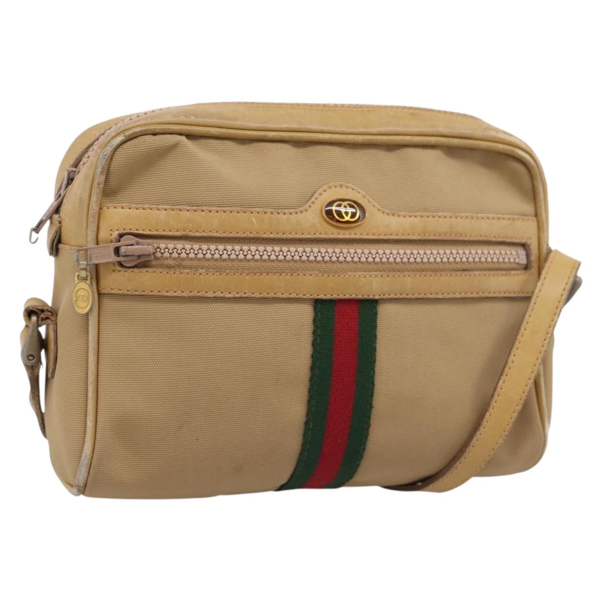 GUCCI Web Sherry Line Shoulder Bag Canvas Beige Gold Auth 200924