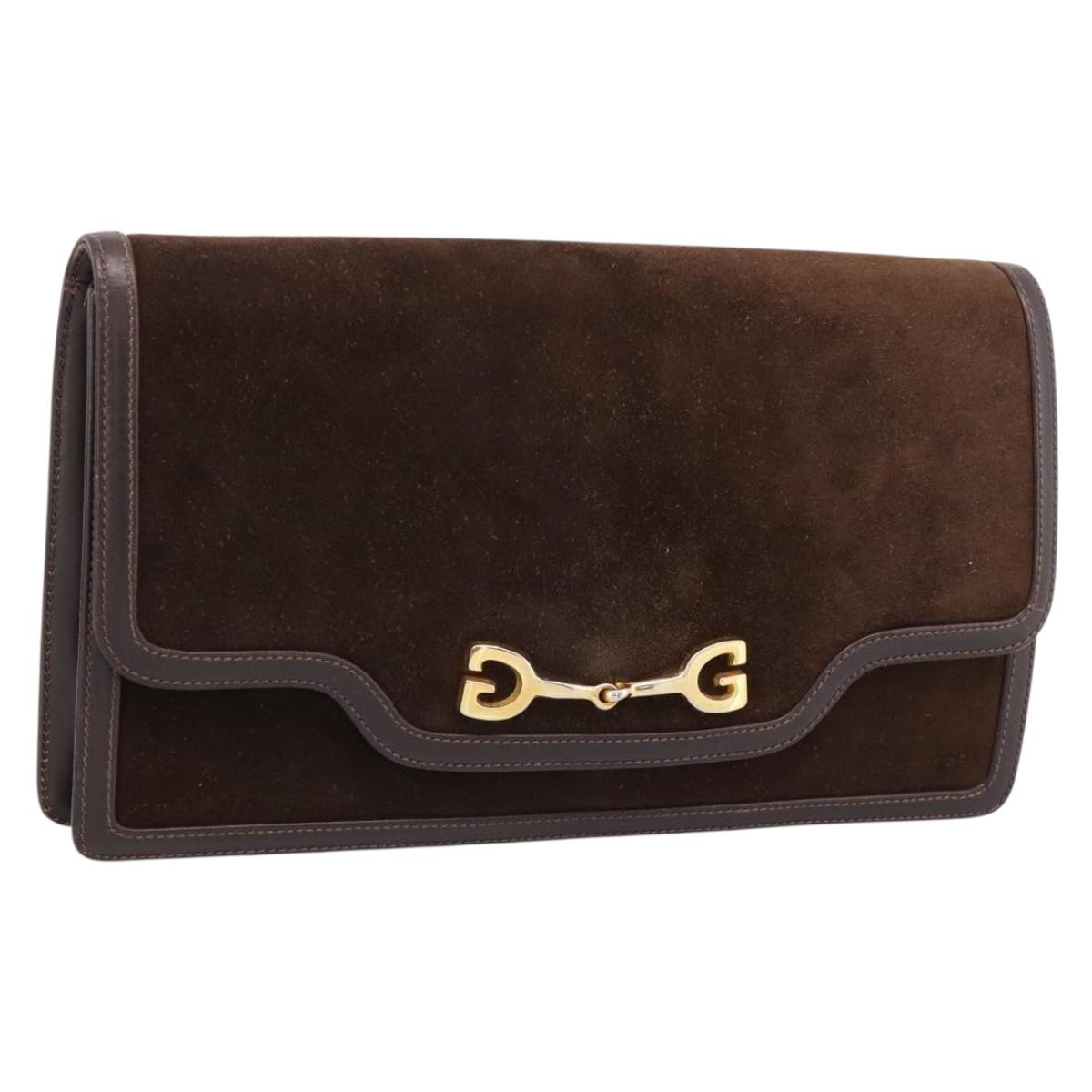 GUCCI Clutch Bag Suede Brown Gold Auth 200926