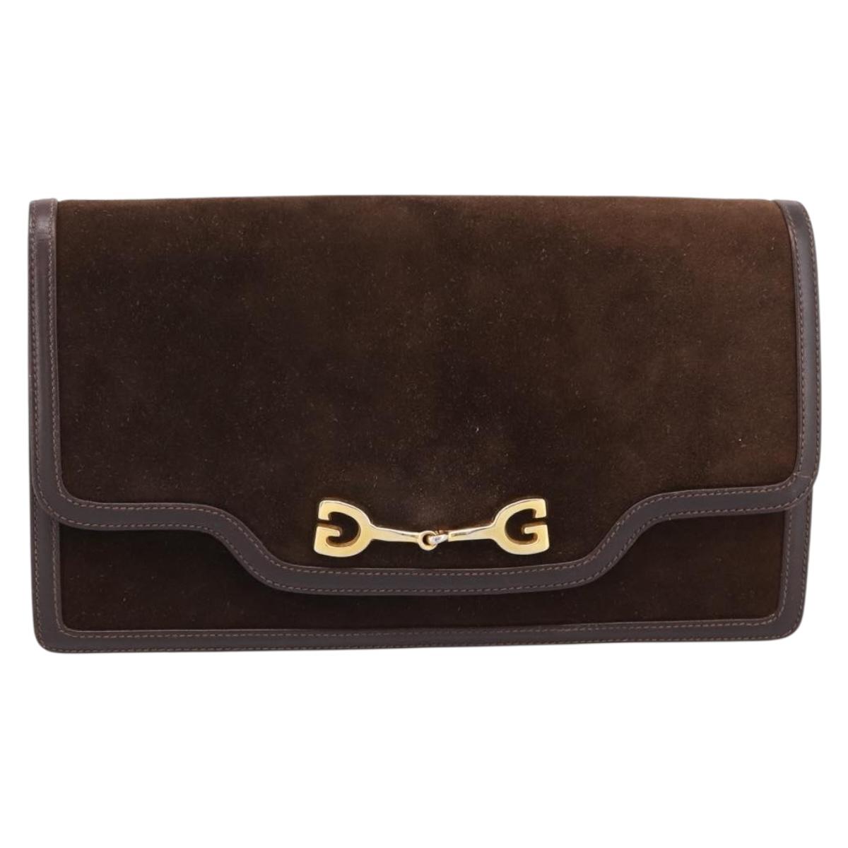 GUCCI Clutch Bag Suede Brown Gold Auth 200926