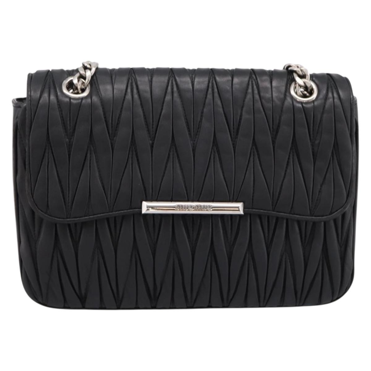 Miu Miu Matelasse Chain Shoulder Bag Leather Black Silver Auth 200939M