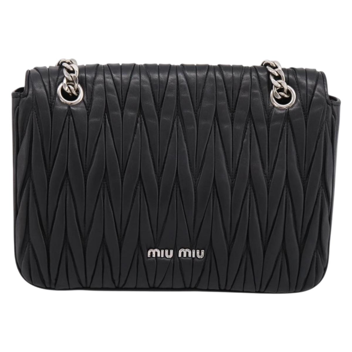 Miu Miu Matelasse Chain Shoulder Bag Leather Black Silver Auth 200939M