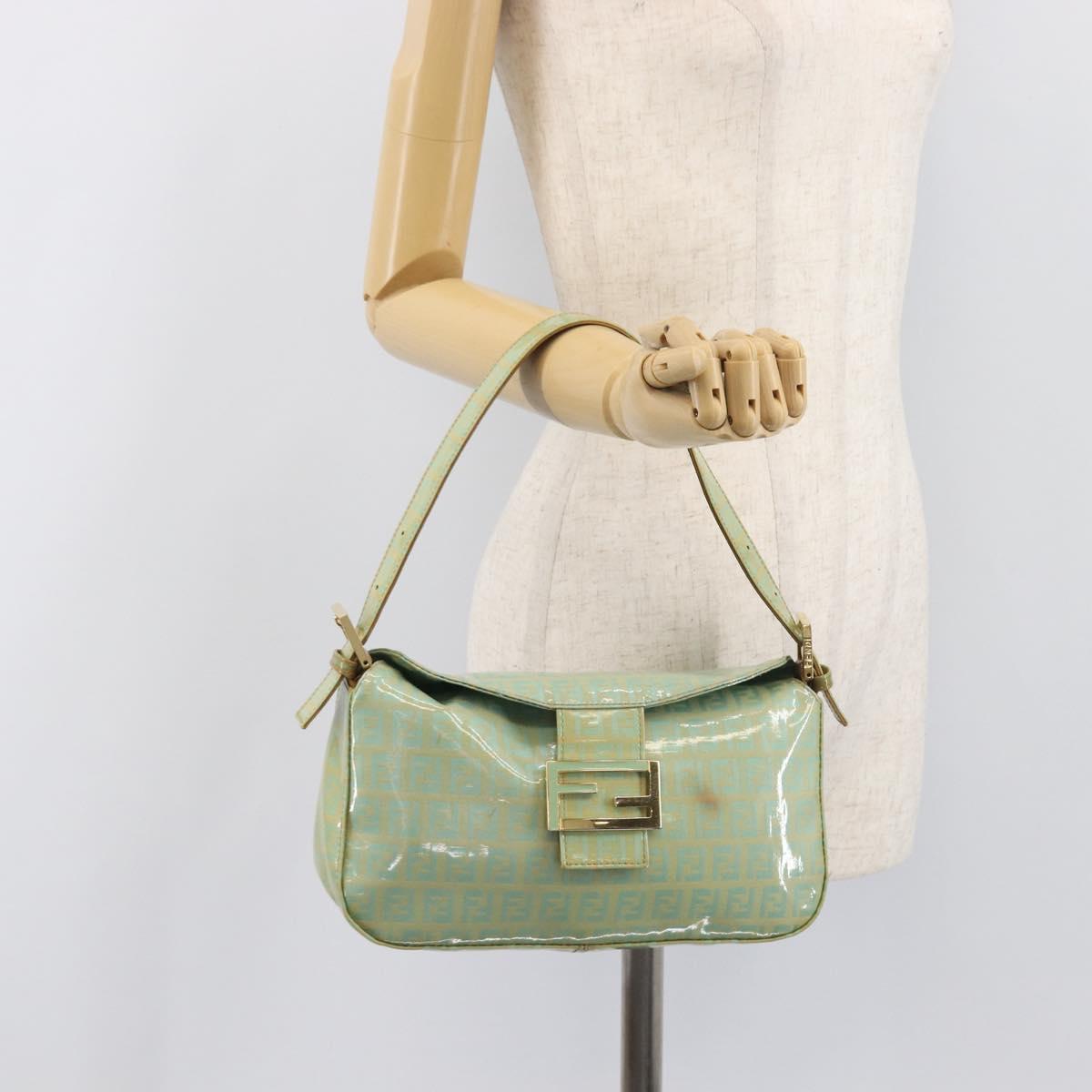 FENDI Zucchino Canvas Mamma Baguette Bag Coated Canvas Gold Green Auth 200946A