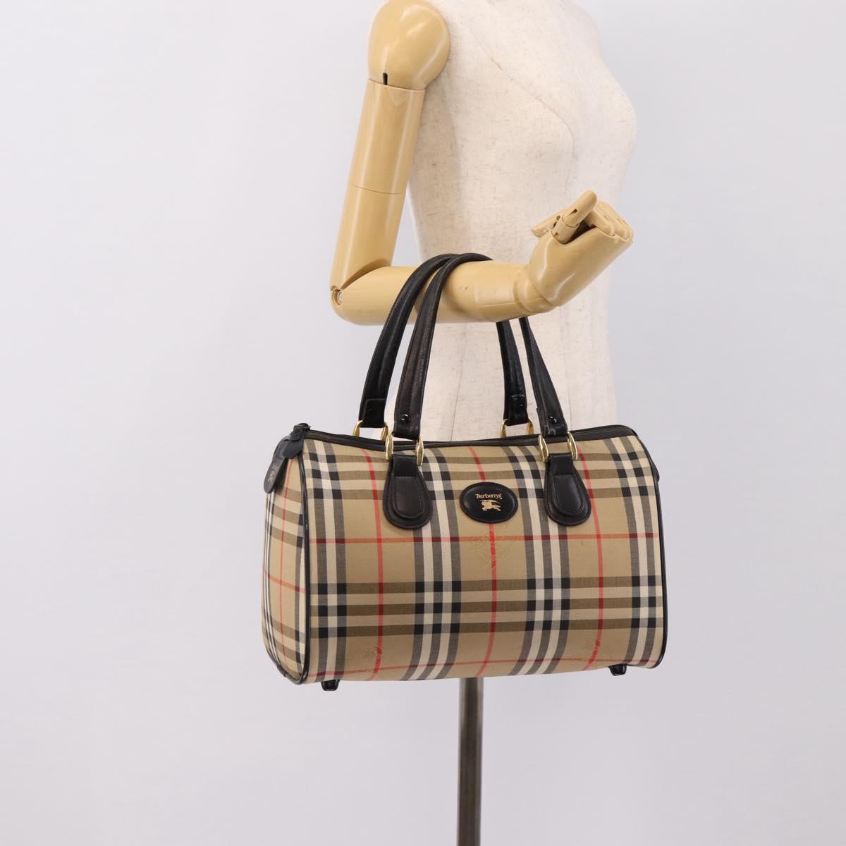 Burberrys Nova Check Boston Bag Canvas Beige Gold Auth 200948