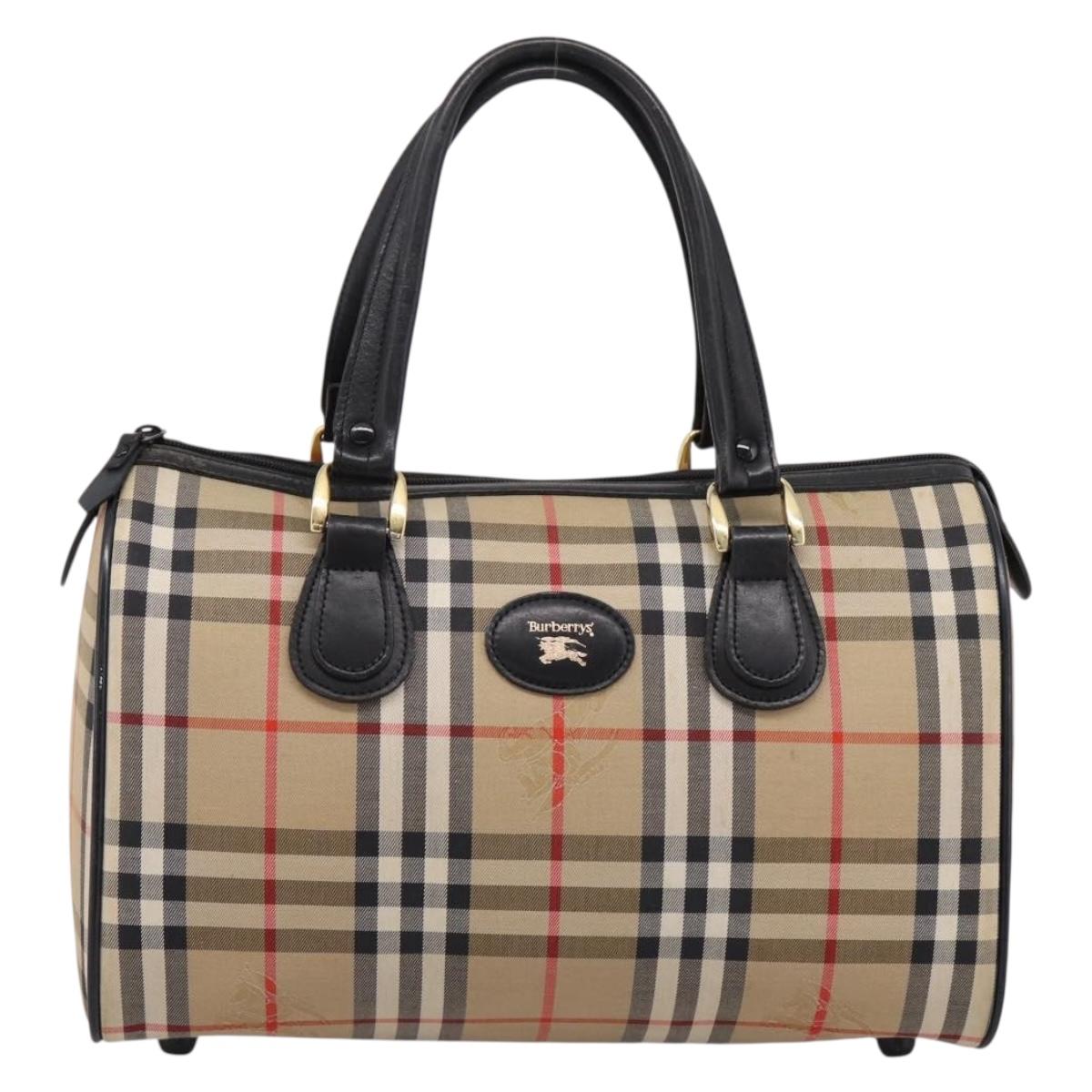Burberrys Nova Check Boston Bag Canvas Beige Gold Auth 200948