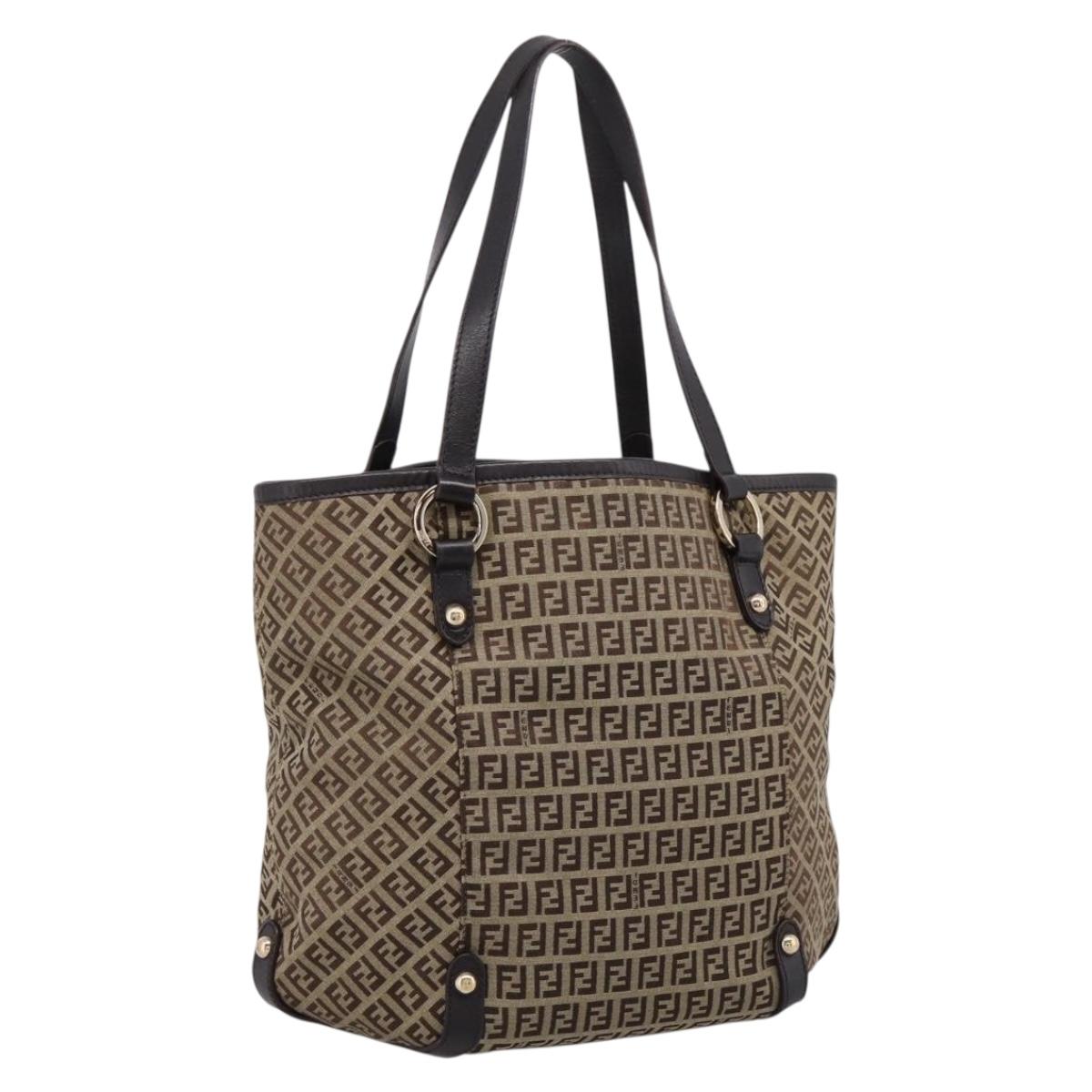 FENDI Zucchino Canvas Tote Bag Beige Gold Auth 200951V