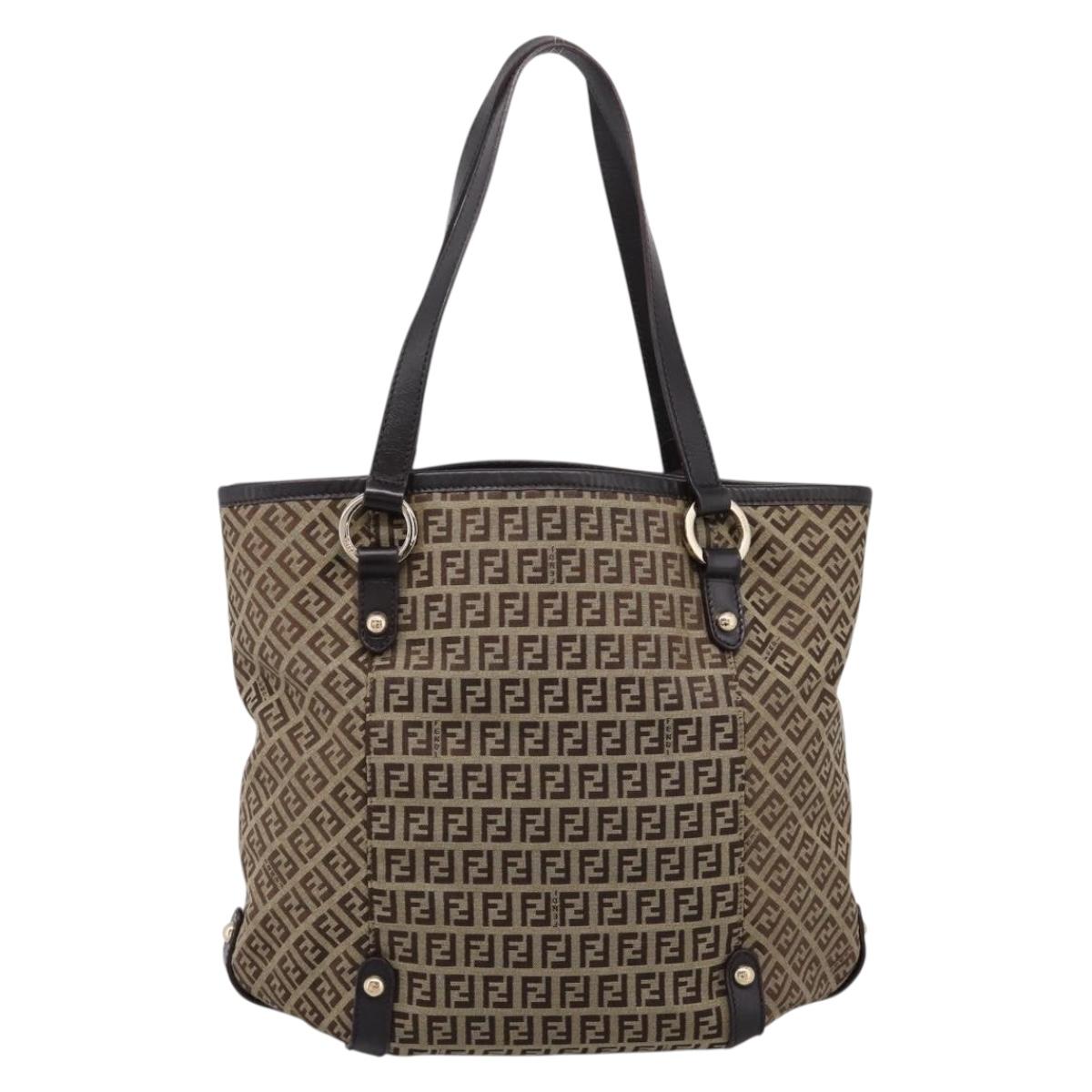 FENDI Zucchino Canvas Tote Bag Beige Gold Auth 200951V