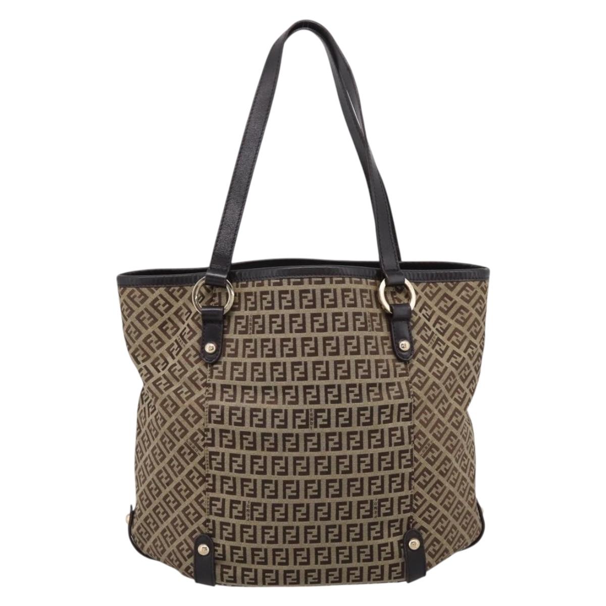FENDI Zucchino Canvas Tote Bag Beige Gold Auth 200951V
