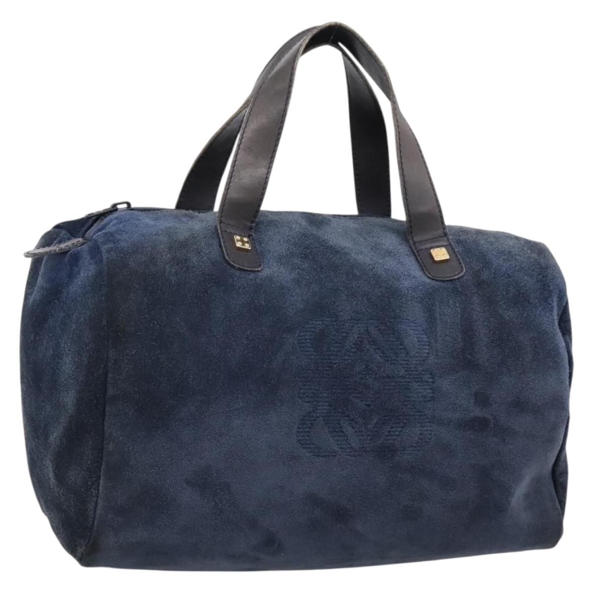 LOEWE Hand Bag Suede Navy Gold Auth 200957