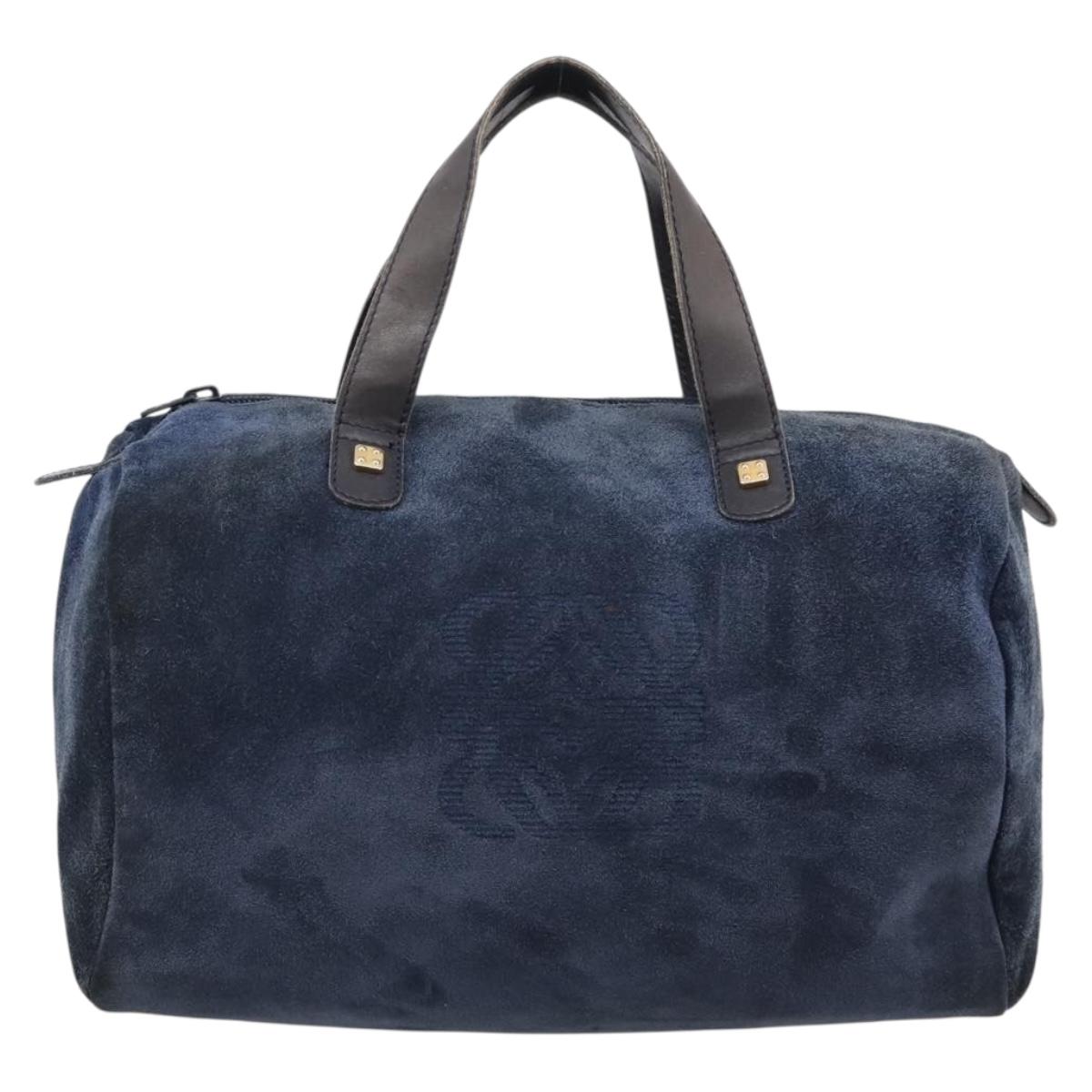 LOEWE Hand Bag Suede Navy Gold Auth 200957