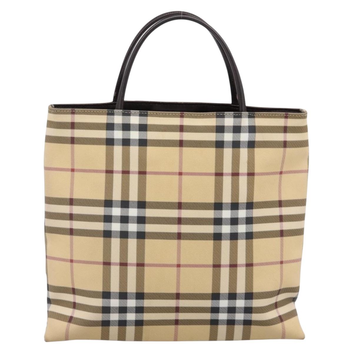 BURBERRY Nova Check Hand Bag PVC Beige Silver Auth 200962