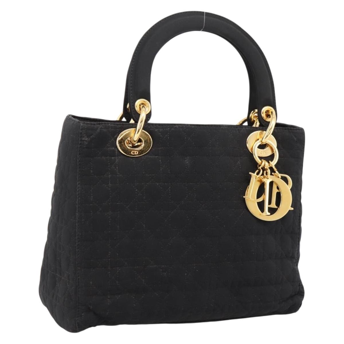 Christian Dior Lady Dior Canage Hand Bag Canvas Black Gold Auth 200963