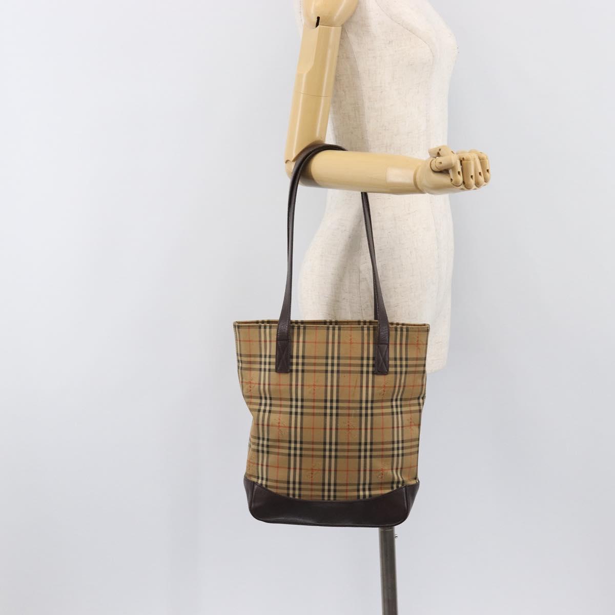 BURBERRY Nova Check Tote Bag Canvas Beige Gold Auth 200966