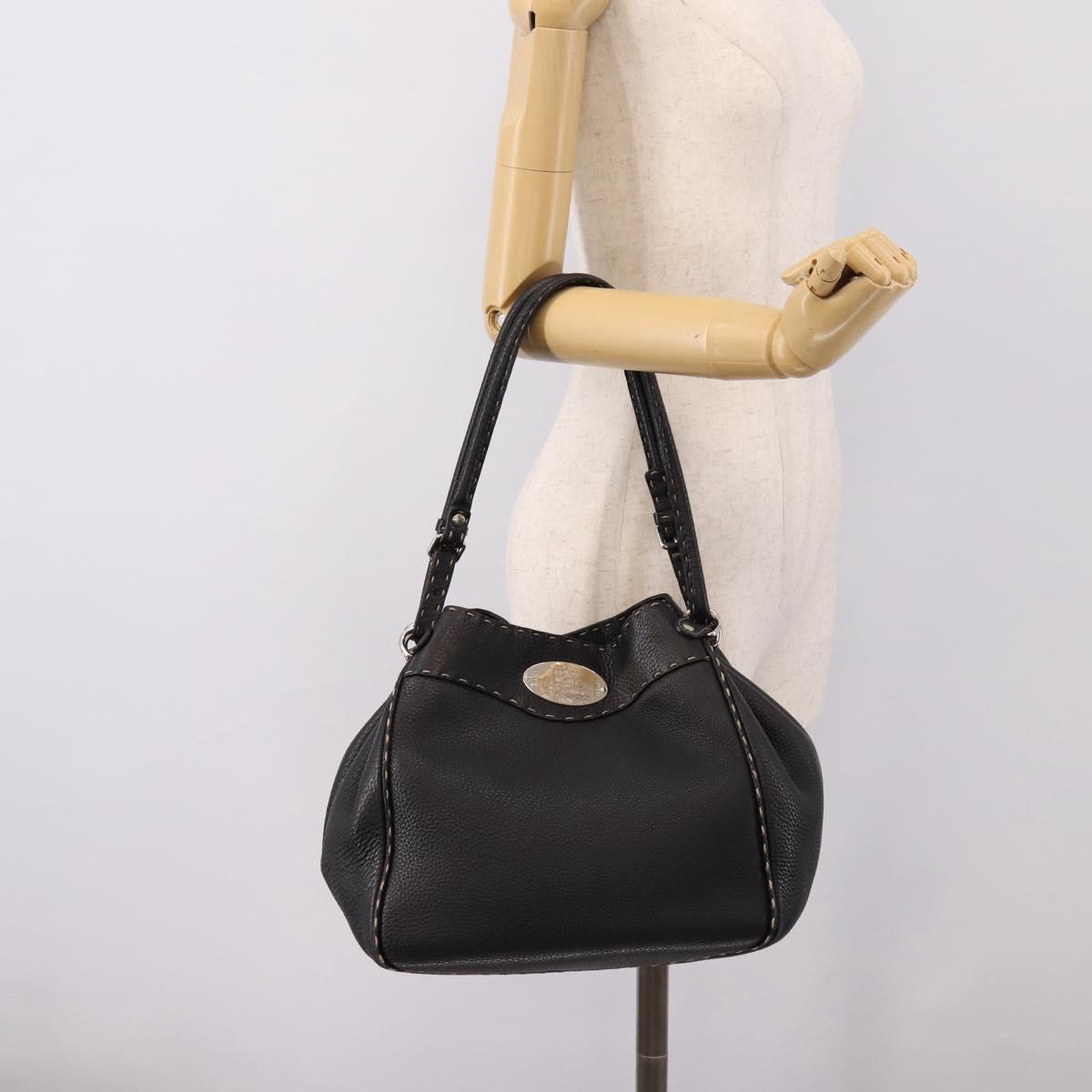 FENDI Celeria Tote Bag Leather Black Silver Auth 200968A