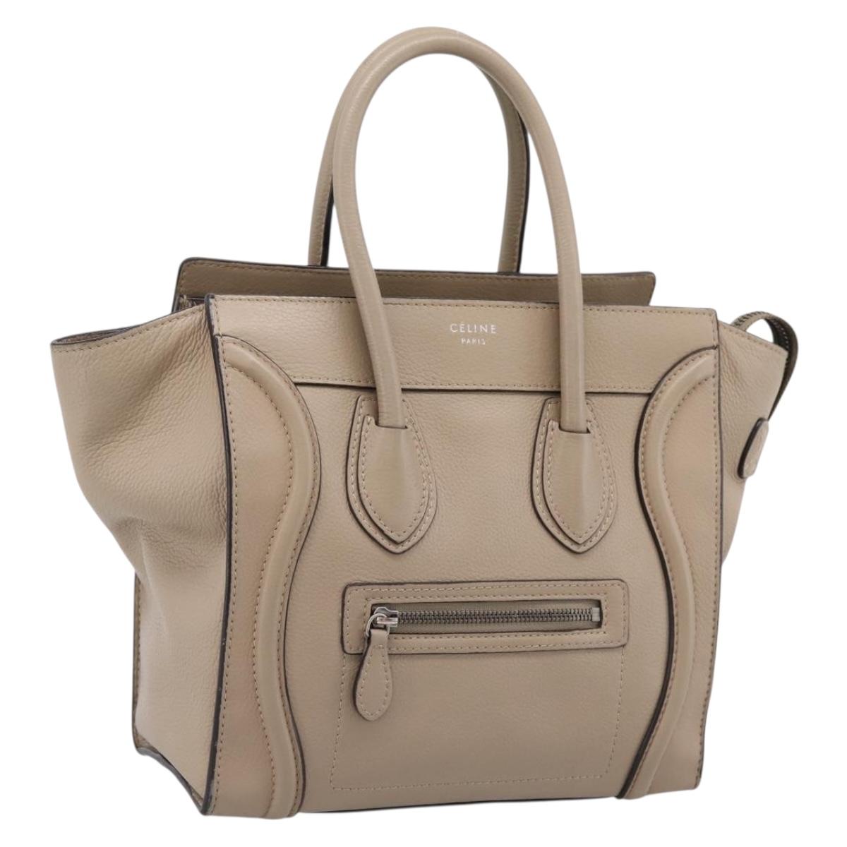 CELINE Luggage Micro Shopper Hand Bag Leather Beige Silver Auth 200973V