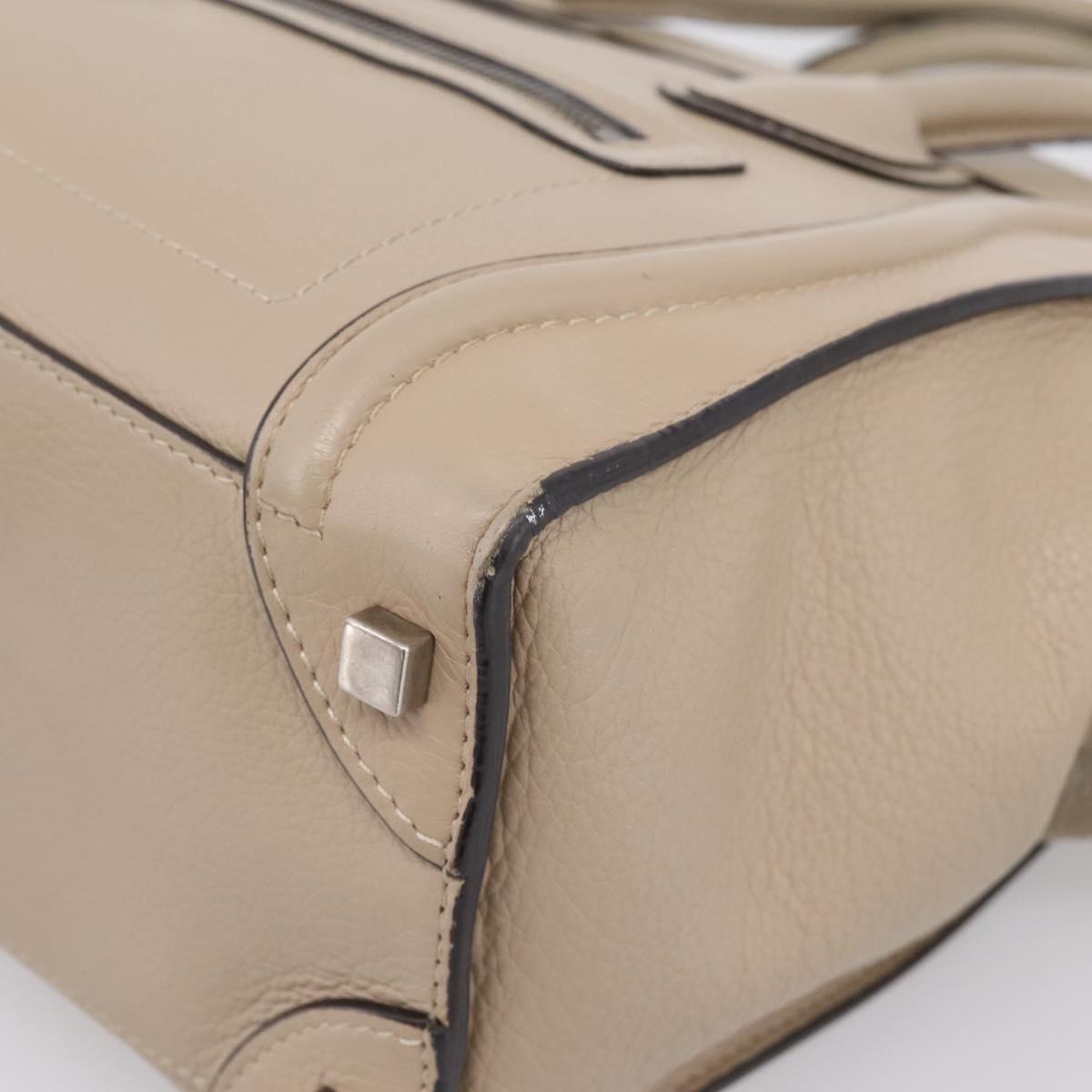 CELINE Luggage Micro Shopper Hand Bag Leather Beige Silver Auth 200973V